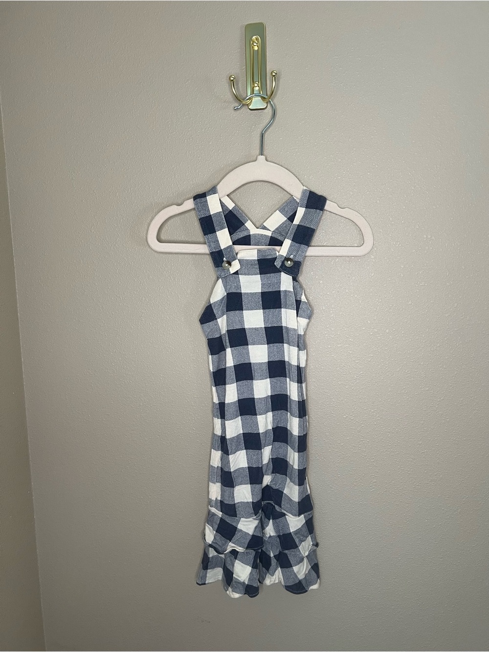3-6m Kate Quinn Navy and White Gingham Bell Bottom Ruffle Overalls